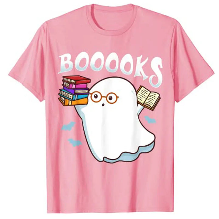 Halloween Books Librarian English Teacher Reader Ghost Reading T-Shirt Graphic Tee Shirts