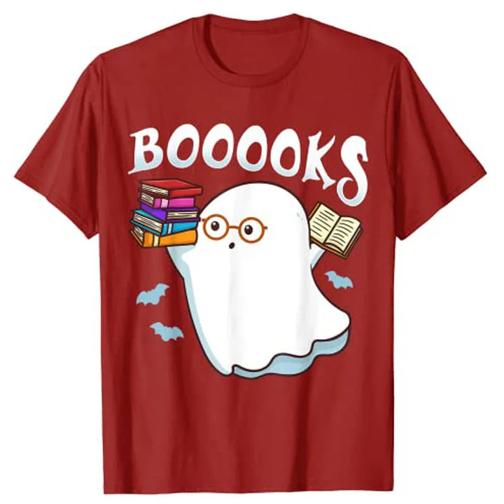 Halloween Books Librarian English Teacher Reader Ghost Reading T-Shirt Graphic Tee Shirts