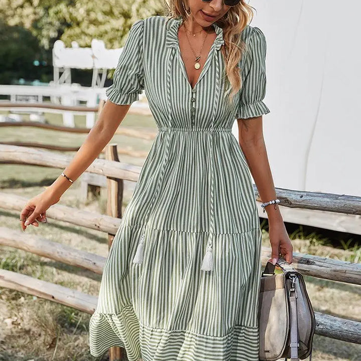 Women Elegant Striped Lantern Sleeve  Causal V-neck Button Ruffles Midi Dress.