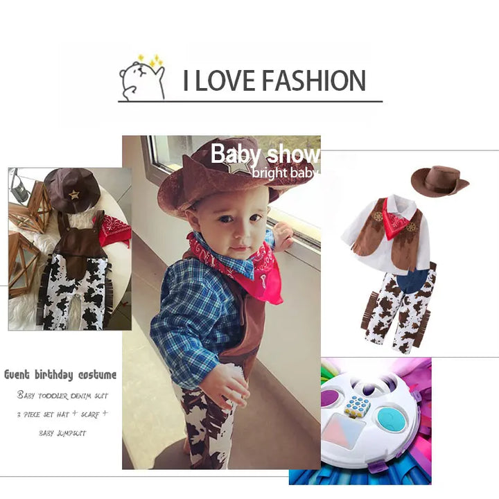 Baby Boy Clothes cowboy Costume Infant Toddler Cowboy Set 3Pcs Hat Scarf Romper Halloween Event Birthday Holiday Cosplay Outfits