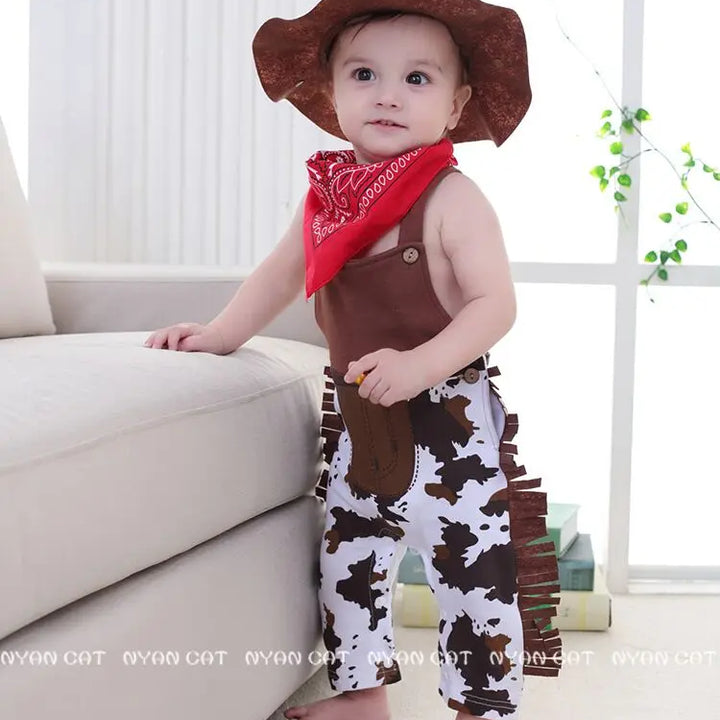 Baby Boy Clothes cowboy Costume Infant Toddler Cowboy Set 3Pcs Hat Scarf Romper Halloween Event Birthday Holiday Cosplay Outfits