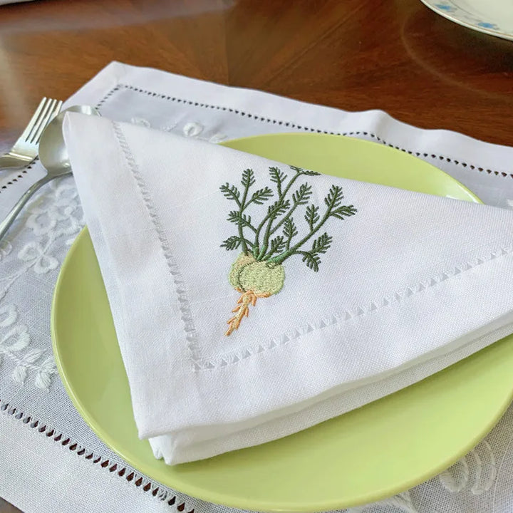 @Vegetable Napkins Hemstitched Embroidery, Linen+Cotton Table Decor, Beetroot, Fennel, Carrot,Home/Airbnb/Banquets/Hotel