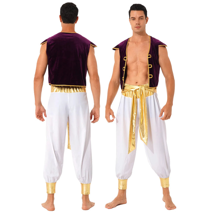Mens Halloween Costume Mythical Arabian Prince Carnival Cosplay Party Outfit Sequin Trim Waistcoat with Belted Pants