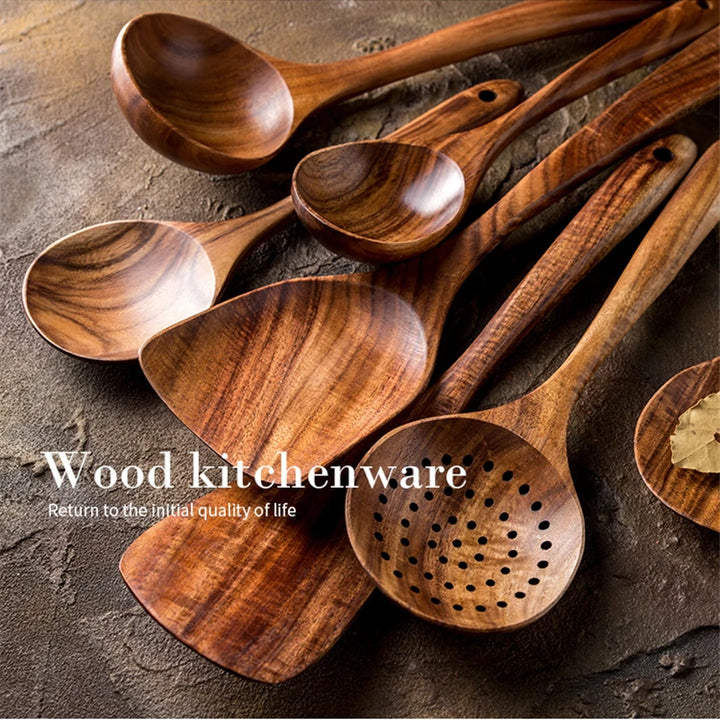 1-9Pcs/set Wooden Kitchen Utensils Set,  Wooden Spoons for Cooking, Utensils,Natural Teak Wooden Spoons For Non-stick Pan Gift