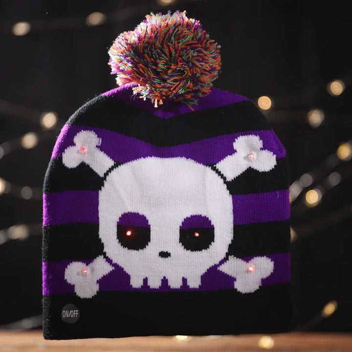 Halloween's new light-emitting knitted hat, skull, ghost, lamp cap, children's adult hat party supplies