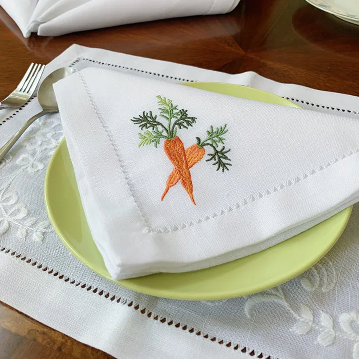 @Vegetable Napkins Hemstitched Embroidery, Linen+Cotton Table Decor, Beetroot, Fennel, Carrot,Home/Airbnb/Banquets/Hotel