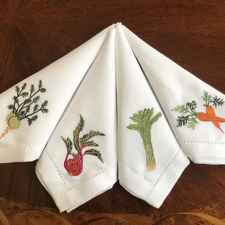 @Vegetable Napkins Hemstitched Embroidery, Linen+Cotton Table Decor, Beetroot, Fennel, Carrot,Home/Airbnb/Banquets/Hotel