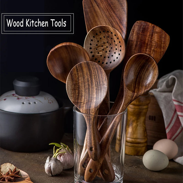 1-9Pcs/set Wooden Kitchen Utensils Set,  Wooden Spoons for Cooking, Utensils,Natural Teak Wooden Spoons For Non-stick Pan Gift