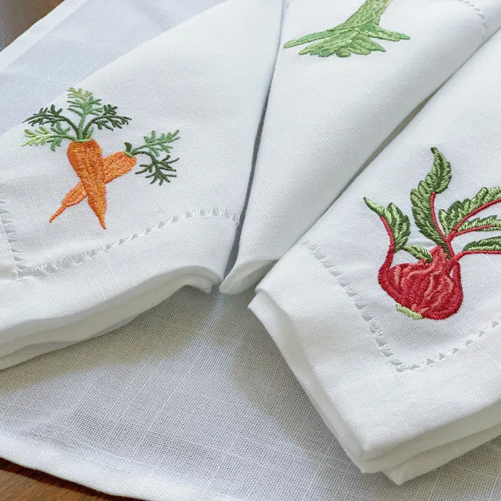 @Vegetable Napkins Hemstitched Embroidery, Linen+Cotton Table Decor, Beetroot, Fennel, Carrot,Home/Airbnb/Banquets/Hotel