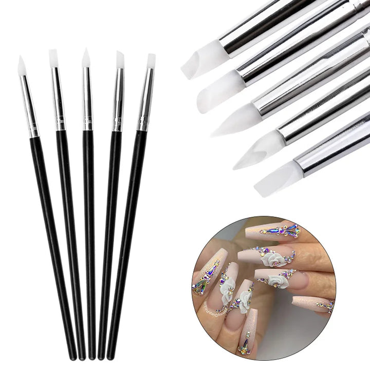 5 Pcs Silicone Nail Brush Carving Emboss Hollow Pottery Sculpture UV Gel Shaping Silicone Brushes For Modeling Nail Art DIY Tool