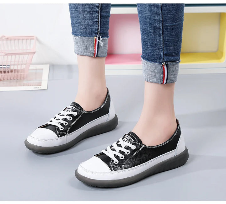 Women's Genuine Leather Sneakers Women Casual Fashionable Sports Shoes Vulcanized Woman Summer Flat Shoe Ladies White 40