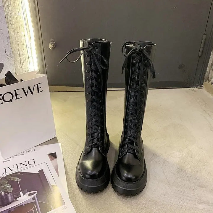 Women Motorcycle Boots Wedges Flat Shoes Woman High Heel Platform PU Leather Boots Lace Up Women Shoes Black Boots Girls2021