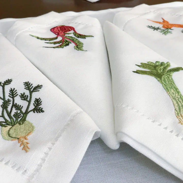 @Vegetable Napkins Hemstitched Embroidery, Linen+Cotton Table Decor, Beetroot, Fennel, Carrot,Home/Airbnb/Banquets/Hotel