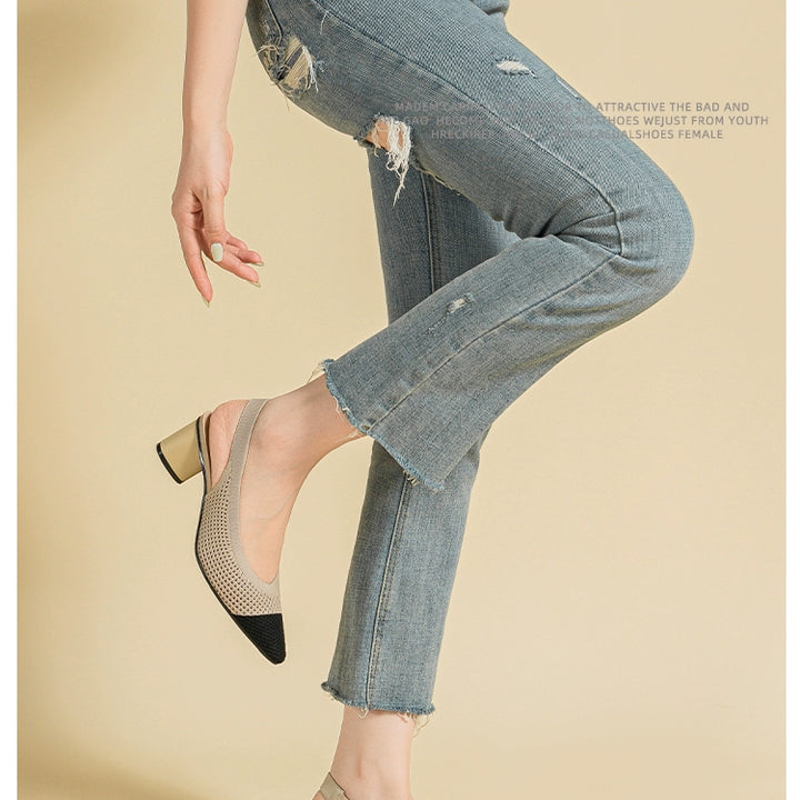 Pointed-Toe Hollowed Breathable Knitted High Heels Women's 2025 New Arrival Flying Woven Princess Shoes Casual Slingback Sandals Chunky Heel