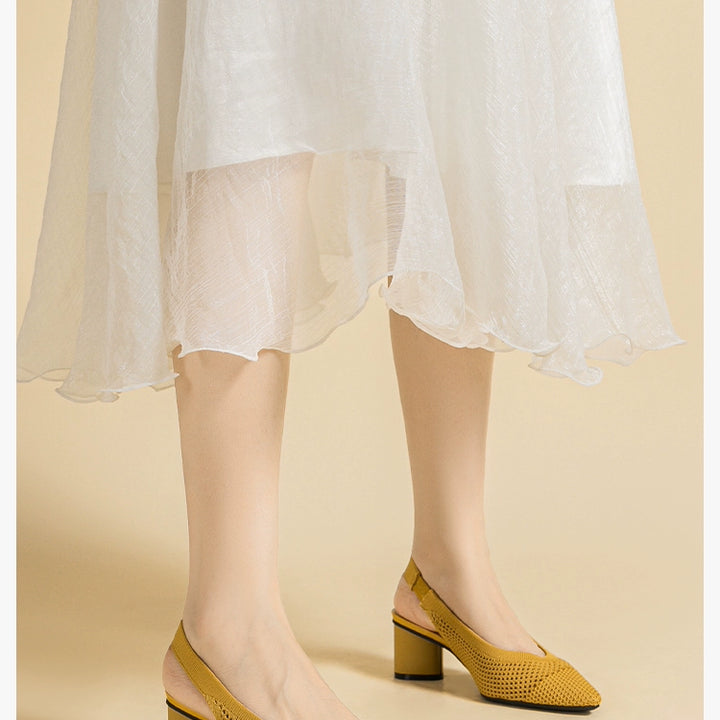 Pointed-Toe Hollowed Breathable Knitted High Heels Women's 2025 New Arrival Flying Woven Princess Shoes Casual Slingback Sandals Chunky Heel