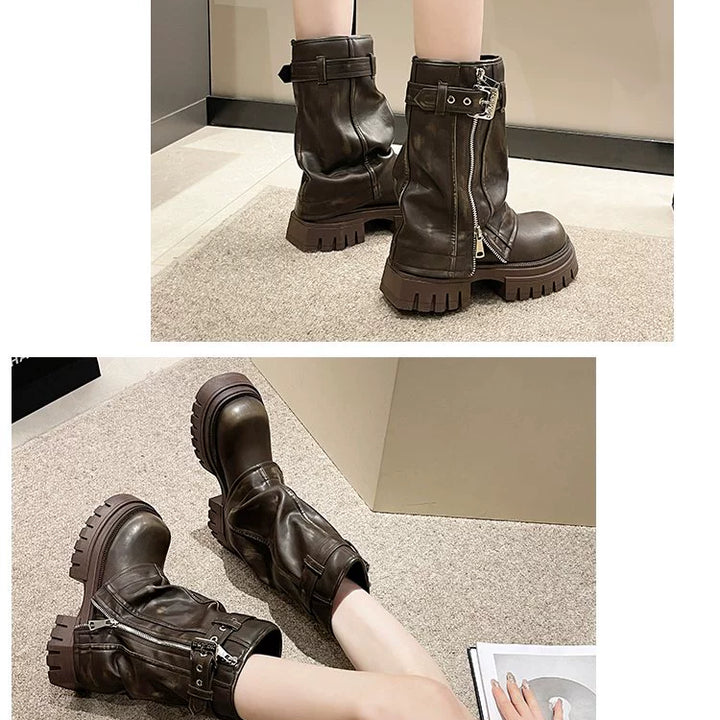 European Goods Fashion Square Toe Maillard Western Denim Sexy Style Platform Martin Boots Motorcycle Boots Pile Style Boots Women's Shoes