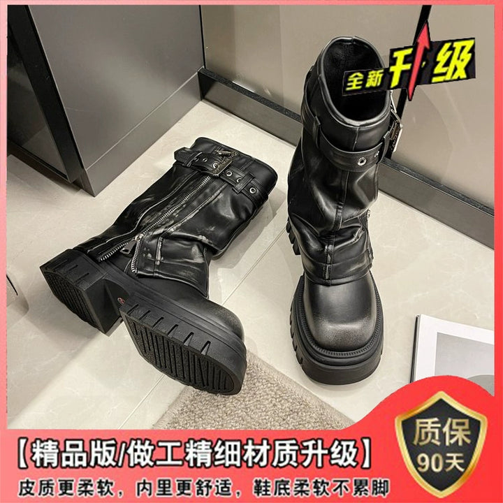 European Goods Fashion Square Toe Maillard Western Denim Sexy Style Platform Martin Boots Motorcycle Boots Pile Style Boots Women's Shoes