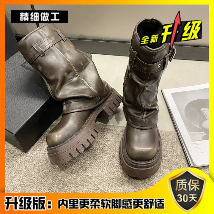 European Goods Fashion Square Toe Maillard Western Denim Sexy Style Platform Martin Boots Motorcycle Boots Pile Style Boots Women's Shoes