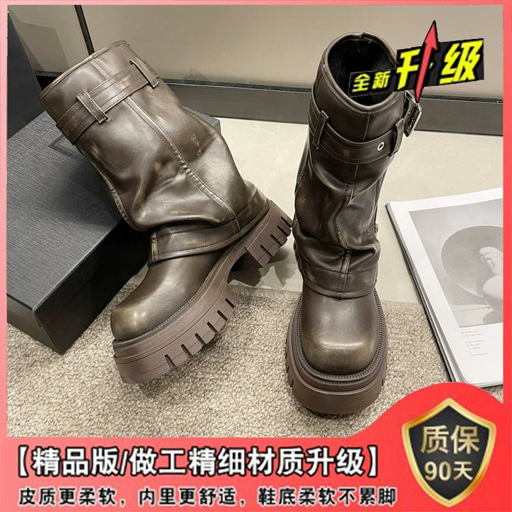 European Goods Fashion Square Toe Maillard Western Denim Sexy Style Platform Martin Boots Motorcycle Boots Pile Style Boots Women's Shoes