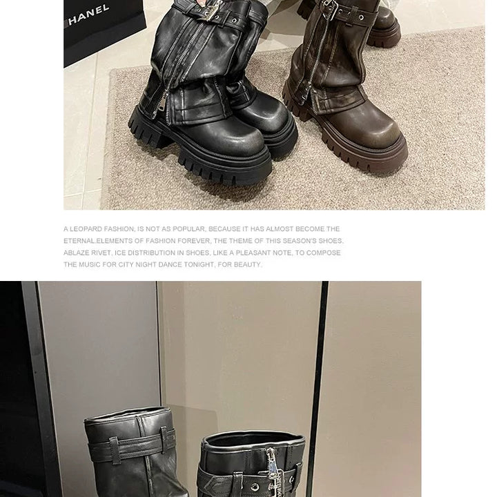 European Goods Fashion Square Toe Maillard Western Denim Sexy Style Platform Martin Boots Motorcycle Boots Pile Style Boots Women's Shoes