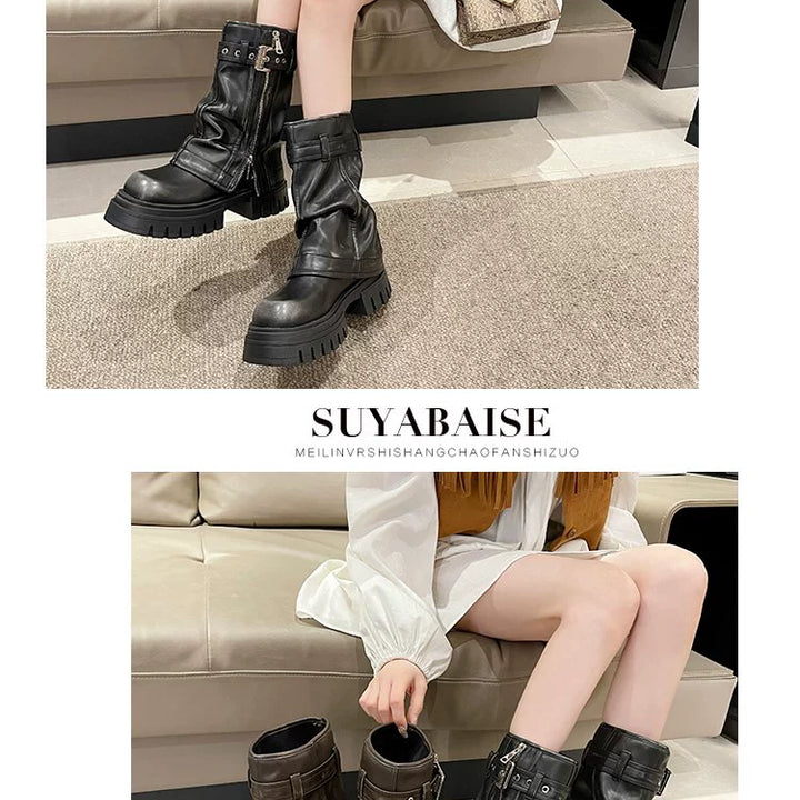 European Goods Fashion Square Toe Maillard Western Denim Sexy Style Platform Martin Boots Motorcycle Boots Pile Style Boots Women's Shoes