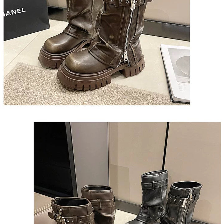 European Goods Fashion Square Toe Maillard Western Denim Sexy Style Platform Martin Boots Motorcycle Boots Pile Style Boots Women's Shoes