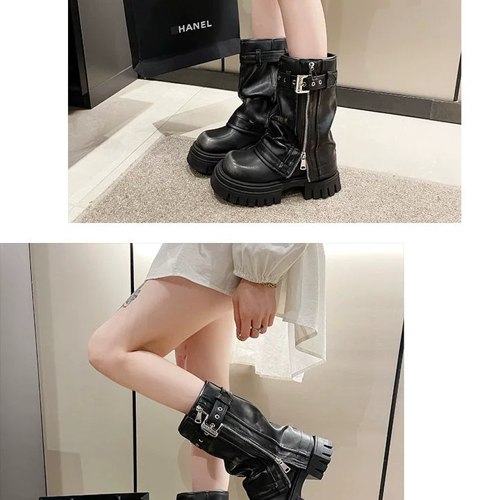 European Goods Fashion Square Toe Maillard Western Denim Sexy Style Platform Martin Boots Motorcycle Boots Pile Style Boots Women's Shoes