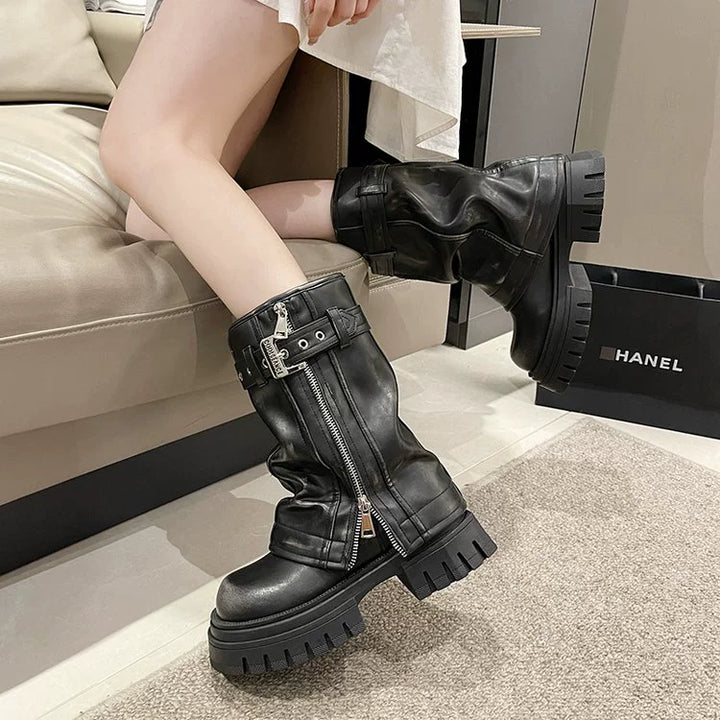 European Goods Fashion Square Toe Maillard Western Denim Sexy Style Platform Martin Boots Motorcycle Boots Pile Style Boots Women's Shoes