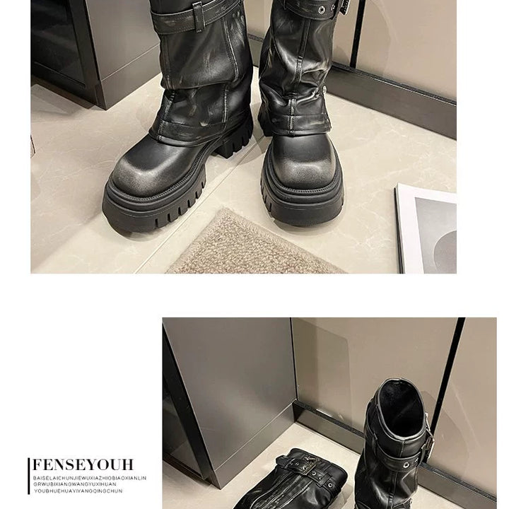 European Goods Fashion Square Toe Maillard Western Denim Sexy Style Platform Martin Boots Motorcycle Boots Pile Style Boots Women's Shoes