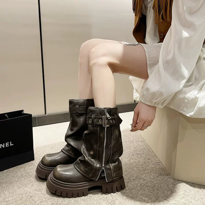 European Goods Fashion Square Toe Maillard Western Denim Sexy Style Platform Martin Boots Motorcycle Boots Pile Style Boots Women's Shoes