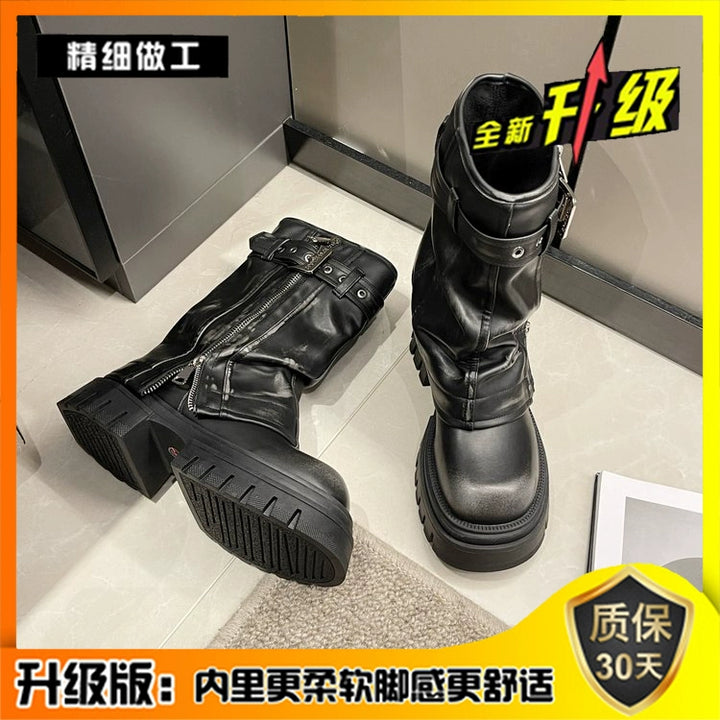 European Goods Fashion Square Toe Maillard Western Denim Sexy Style Platform Martin Boots Motorcycle Boots Pile Style Boots Women's Shoes
