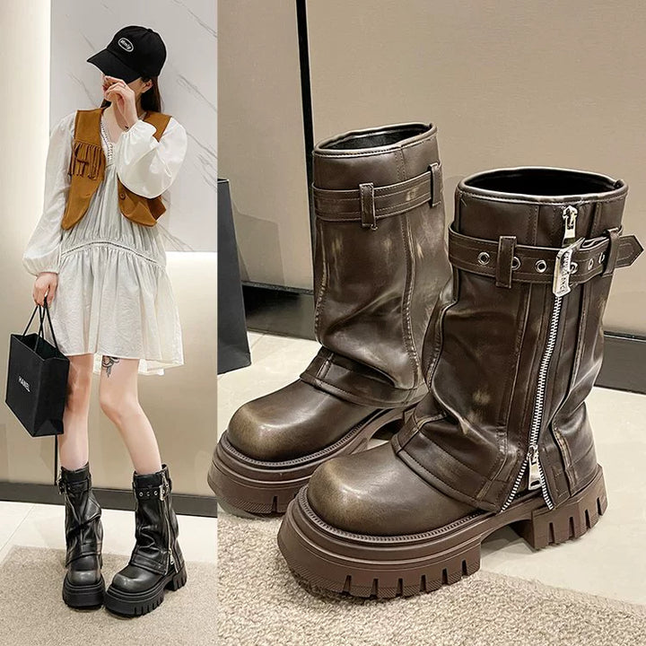European Goods Fashion Square Toe Maillard Western Denim Sexy Style Platform Martin Boots Motorcycle Boots Pile Style Boots Women's Shoes