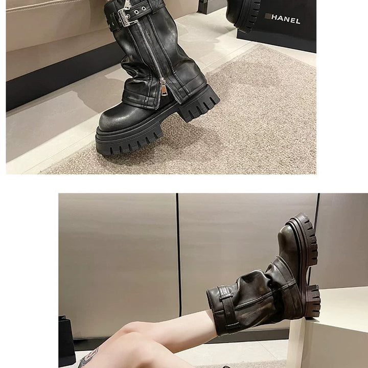 European Goods Fashion Square Toe Maillard Western Denim Sexy Style Platform Martin Boots Motorcycle Boots Pile Style Boots Women's Shoes