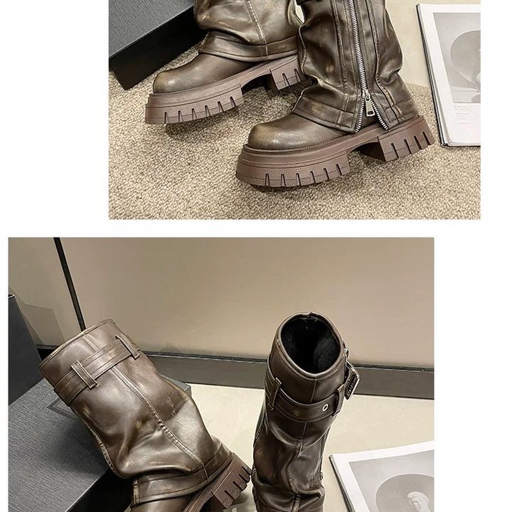 European Goods Fashion Square Toe Maillard Western Denim Sexy Style Platform Martin Boots Motorcycle Boots Pile Style Boots Women's Shoes