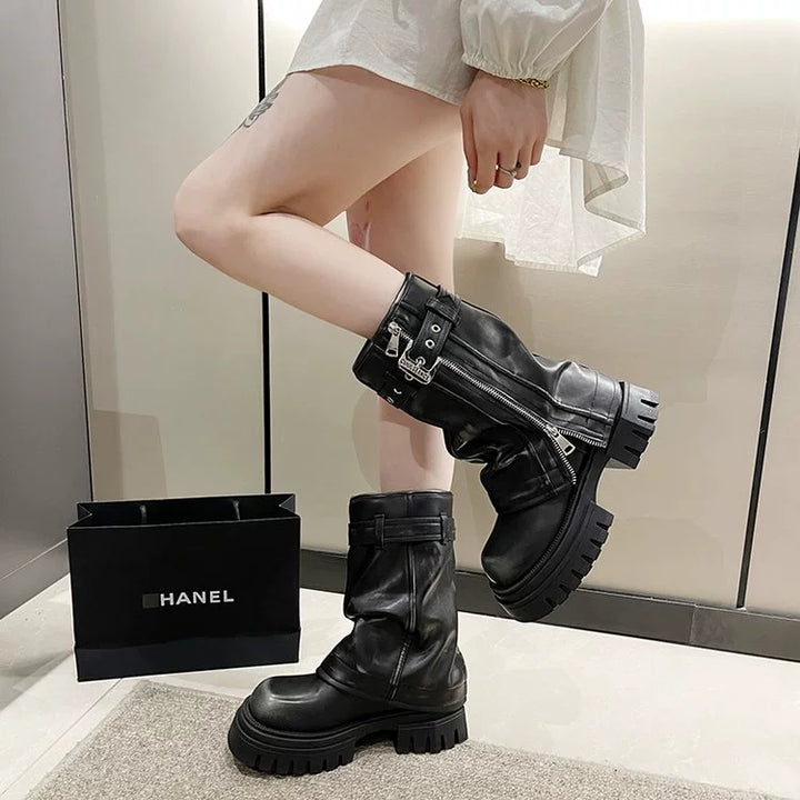 European Goods Fashion Square Toe Maillard Western Denim Sexy Style Platform Martin Boots Motorcycle Boots Pile Style Boots Women's Shoes