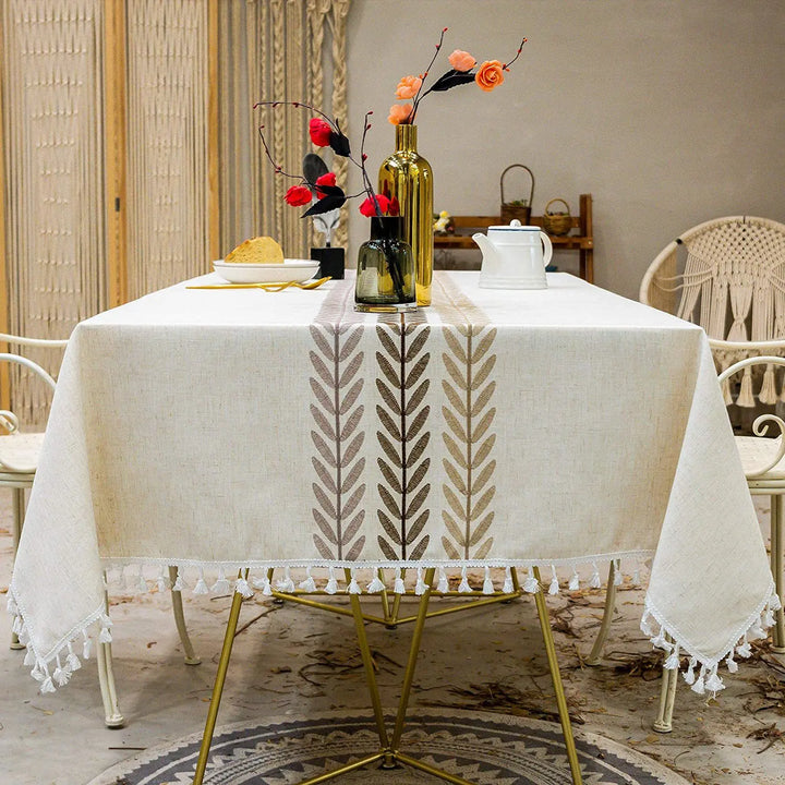 orthern European simple tassel cotton linen table cloth embroidery flower leaves party American decorative dust table cloth