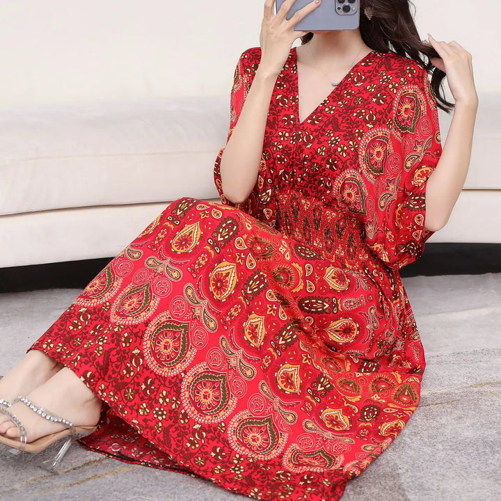 V-neck Large Skirt Hem Casual Sweet Long Dress Bat Sleeves Elastic Waist Bohemian Print Floral Elegant .