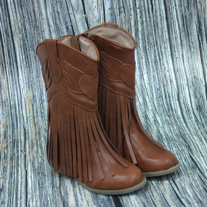 Kids Vintage Western Cowgirls Boots Leather Tassel Princess Low Heeled Knee Boots Cowboys Winter Dress Shoes New Years Christmas