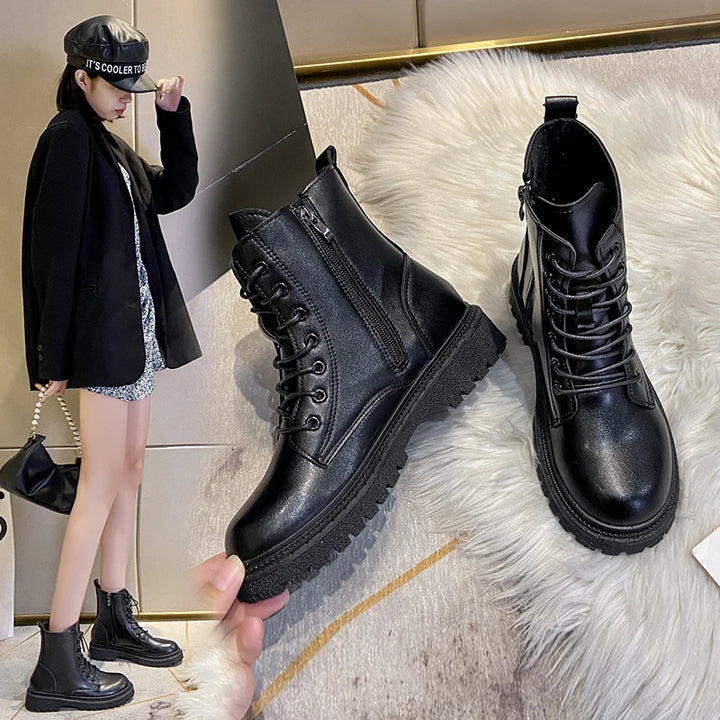 Women 2024 Autumn New Tooling Boots Lady Anti Slip Waterproof Lace Up Short Boots Students Casual Thick Heel Knight Boots