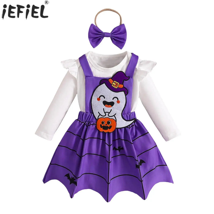 Baby Girls Halloween Clothing Set Cute Ghost Pumpkin Face Applique Suspender Dress with Rompers Carnival Party Cosplay Costume