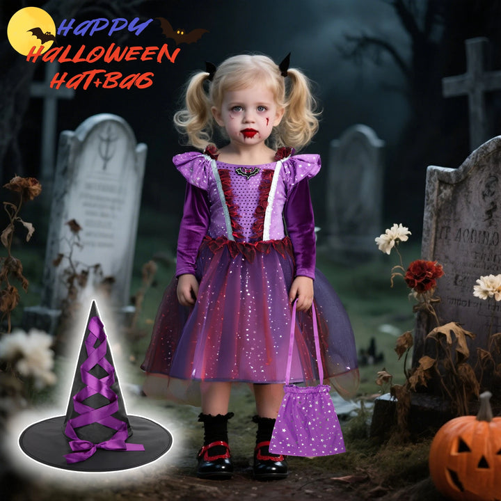 Halloween Children Girls Witch Party Dress Gothic Ghost Costume Kids Gown Robe Tutu Dress Witch Hat For Purim Carnival Party