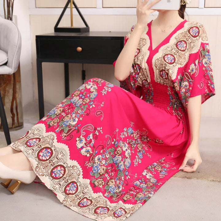 V-neck Large Skirt Hem Casual Sweet Long Dress Bat Sleeves Elastic Waist Bohemian Print Floral Elegant .