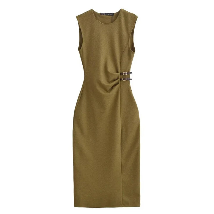 MUJER Pleated Midi Dress for Women Sleeveless Long Dress Vintage Party Buckle Office