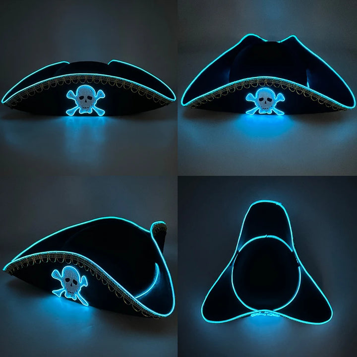 Halloween LED Light Black Pirate Hat For Adult Pirate Theme Party Glowing Cap Cosplay Costume Luminous Hat With Skull Pattern