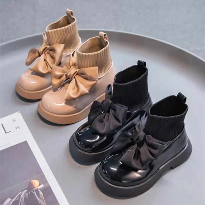 Children's Boots Fashion PU Solid Black Bow Girls Uniform 2025 Spring and Autumn New Kids Fashion Flying Knit School Socks Shoes