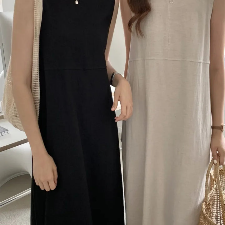 Cotton Linen Women Tank Dress Solid Sleeveless O-neck Casual Loose Straight Long .