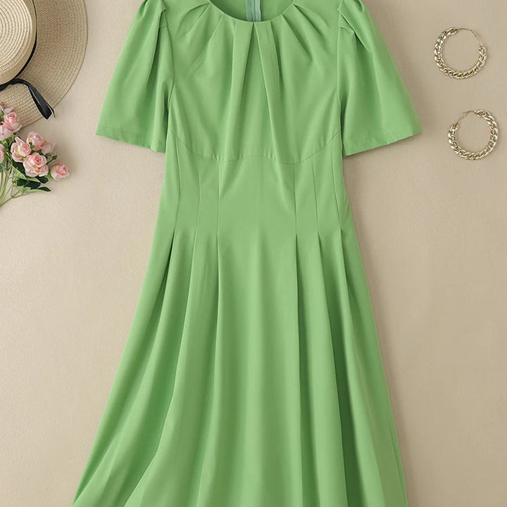 ZANZEA Office Lady Dresses Women Solid Pleated Dress Elegant Short Sleeve Party Vestidos Stylish Holidays Midi Dress