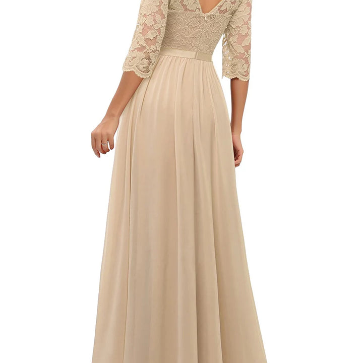 Long Dress Patchwork Lace V-neck Mid-Sleeve Backless Maxi Dress For Women