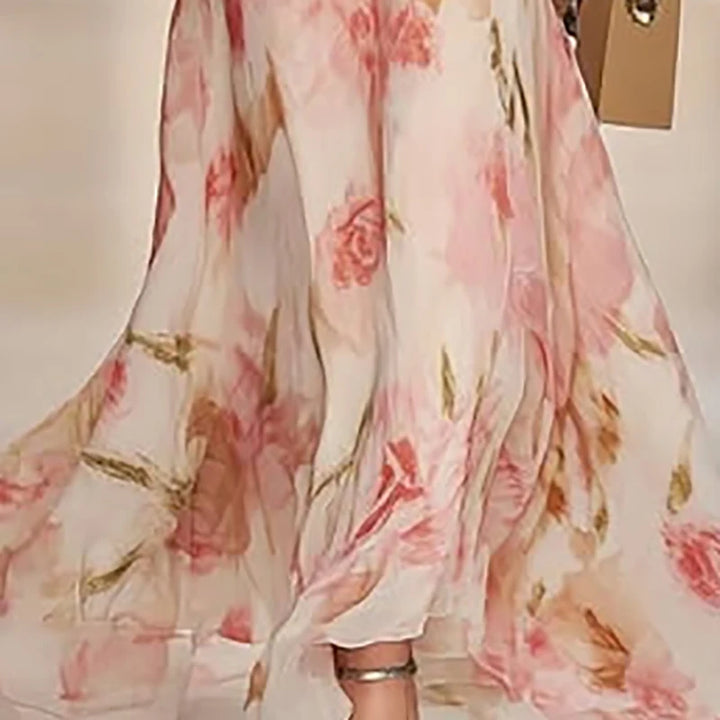 Boho Style Elegant Floral Print Long Dress V Neck High Waist  Short Sleeve Zip Maxi Dress