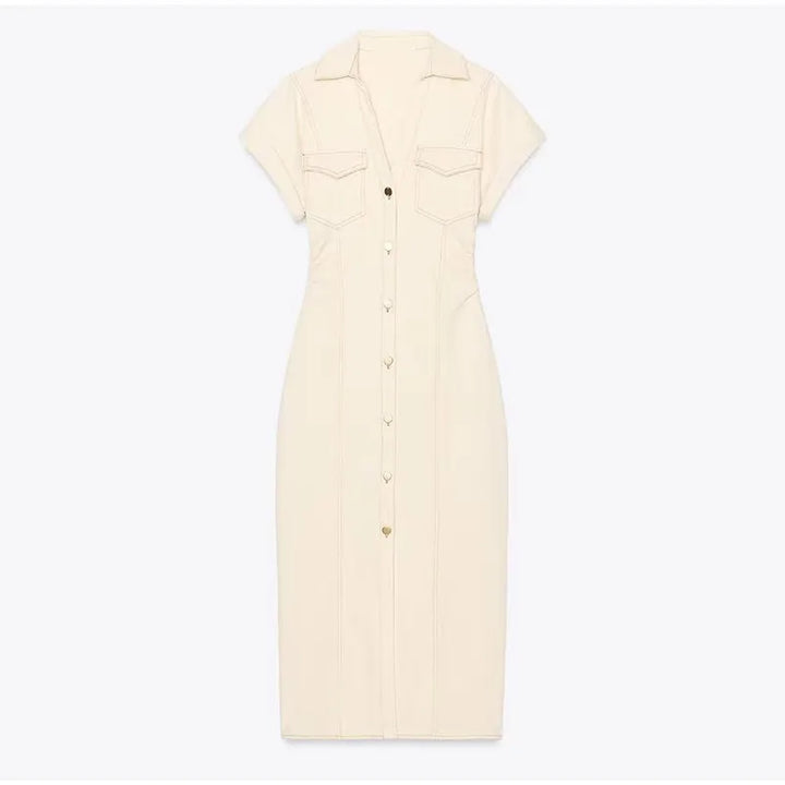 V-neck Denim Dress Fashion Slim Long Dress Chic Short Sleeves Single Button High.